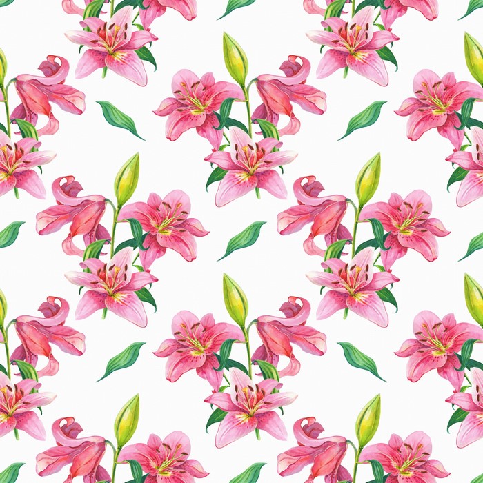 Pink lilies watercolor painting pattern