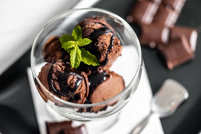 Chocolate ice cream with chocolate syrup and mint