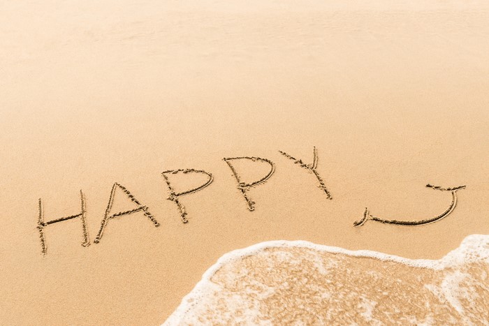 Happy written in sand on a beach