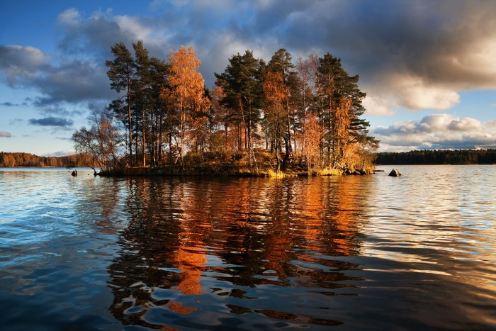 4K Island with Autumn Trees on Vuoksa Lake, Russia