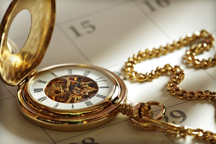 Gold pocket watch on a calendar