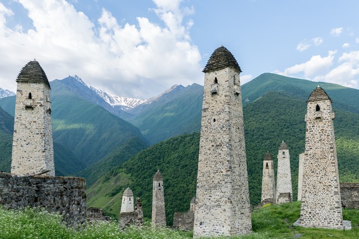 Stone towers in Ingushetia mountains, Russia