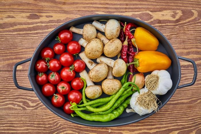 Tomatoes, Mushrooms, Garlic, Bell Peppers, Chili Peppers in Frying Pan