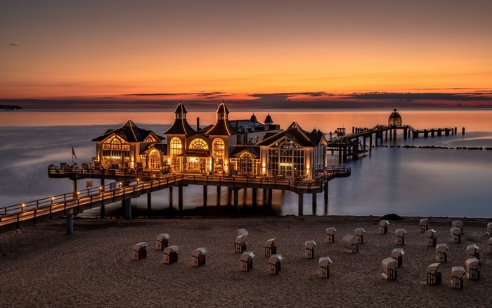 Pier with building at sunset in Germany