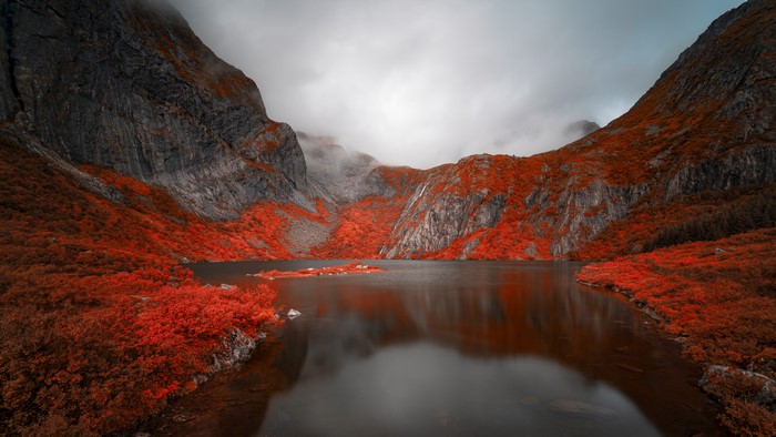 Norway Mountains and Lake with Red Foliage