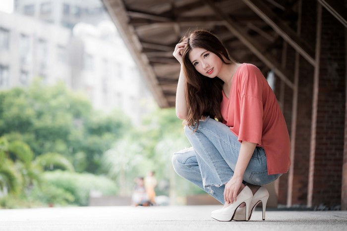 4K Asian Woman Sitting in Stilettos and Jeans