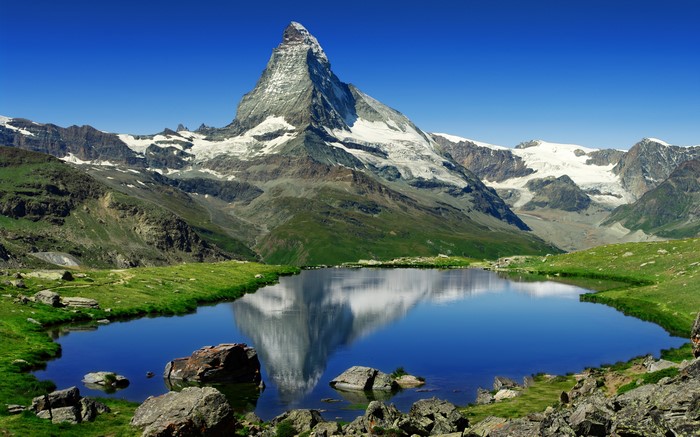 Matterhorn reflected in Riffelsee lake, Switzerland Alps