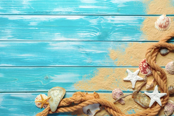 Summer beach scene with shells, starfish, and rope on wood planks