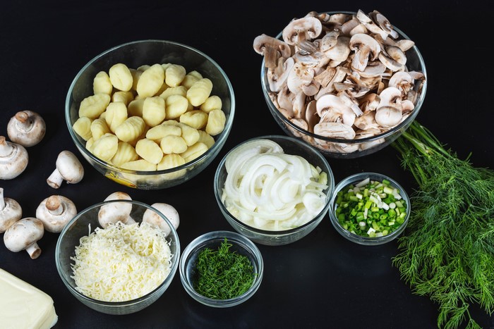 Gnocchi, Mushrooms, Onion, Scallions, Dill, and Cheese