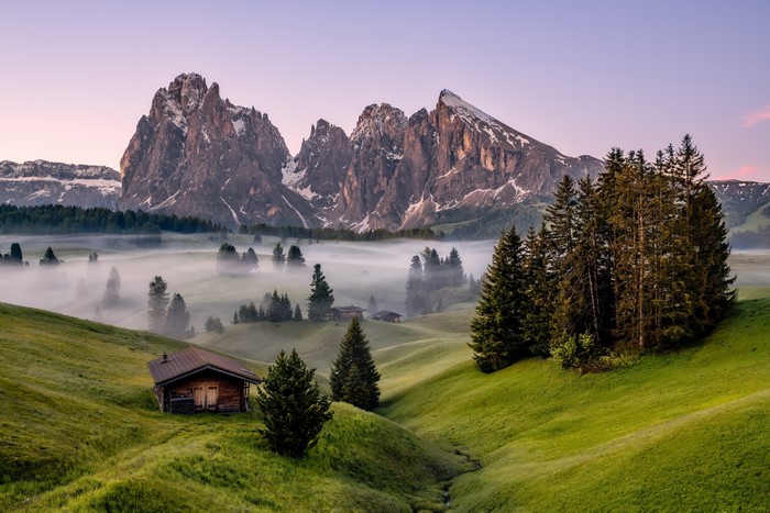 4K Dolomites Italy Mountains Trees Fog Alps