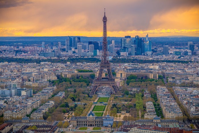 Paris from above with Eiffel Tower and skyscrapers