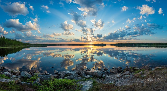 Lake reflection with clouds and forest in Finland