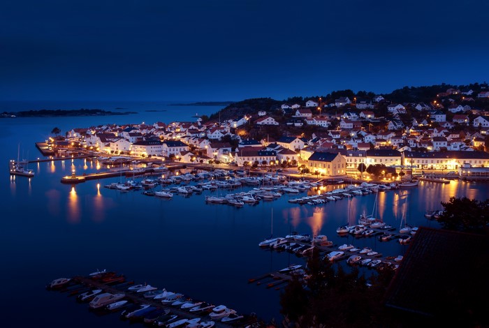Norway Marina with Boats and Houses at Night