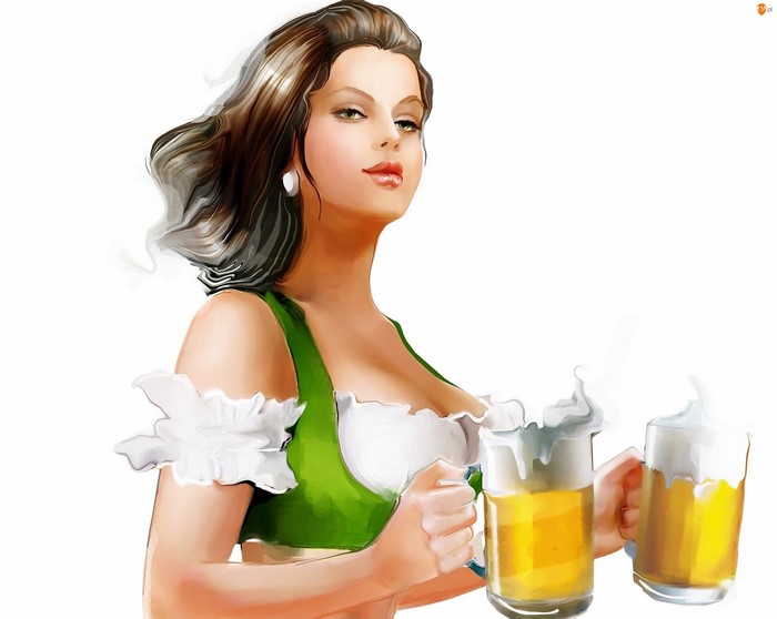Woman in Dirndl holding two mugs of beer