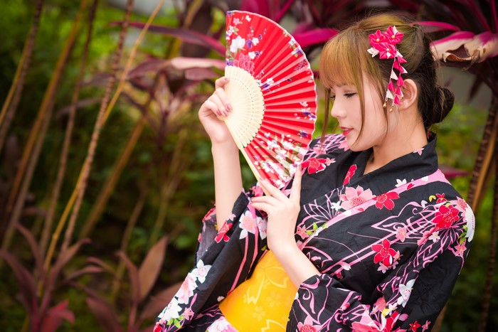 Asian Bokeh Brown haired Hand fan Hands Kimono