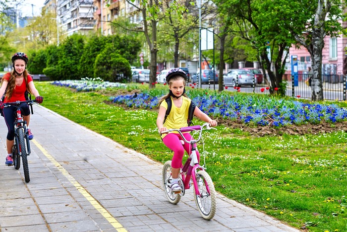 Two girls riding bicycles on a path