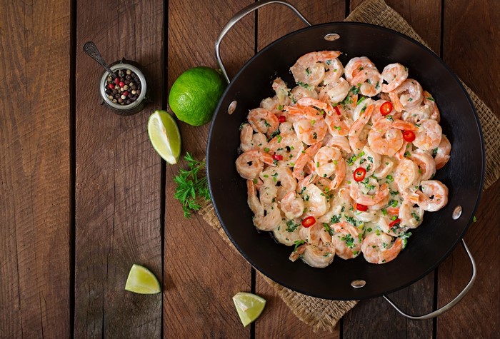 Shrimp in a Frying Pan with Lime and Spices