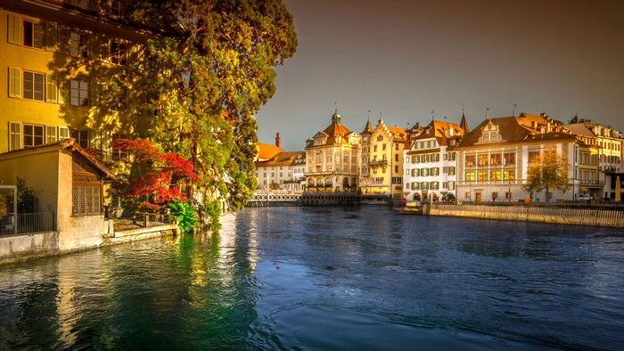 Lucerne, Switzerland: Riverfront Buildings and Bridge