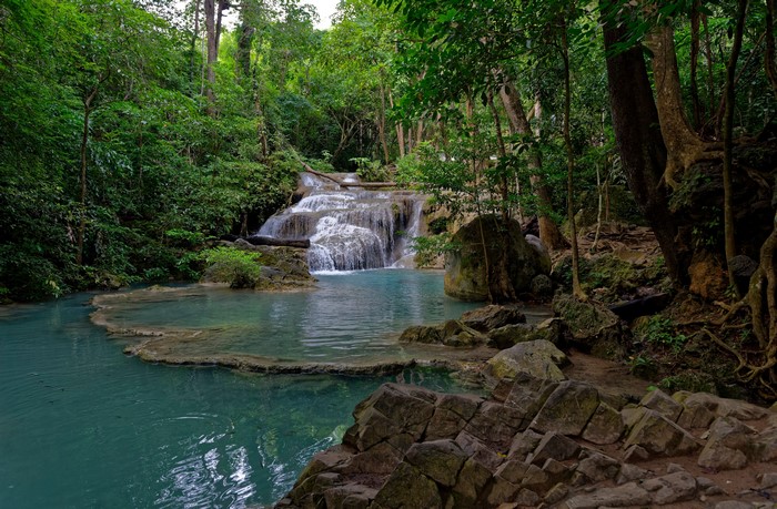 4K Erawan National Park Waterfall and Forest
