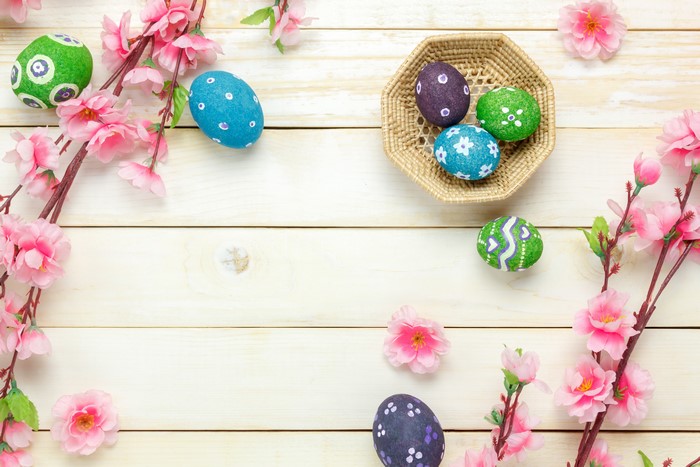 Easter Eggs and Cherry Blossoms on Wood