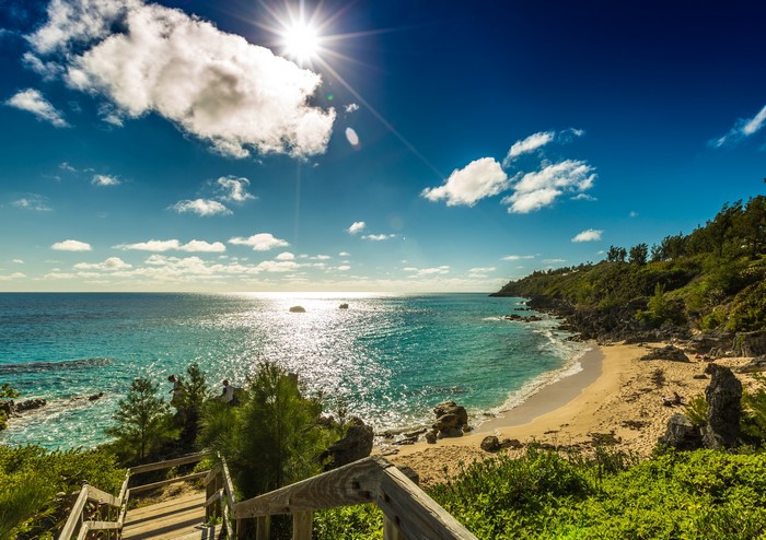 Beach in Bermuda with Wooden Stairs and Sunny Sky