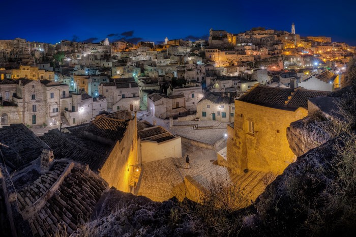 Matera Sasso Caveoso Houses at Night, Italy