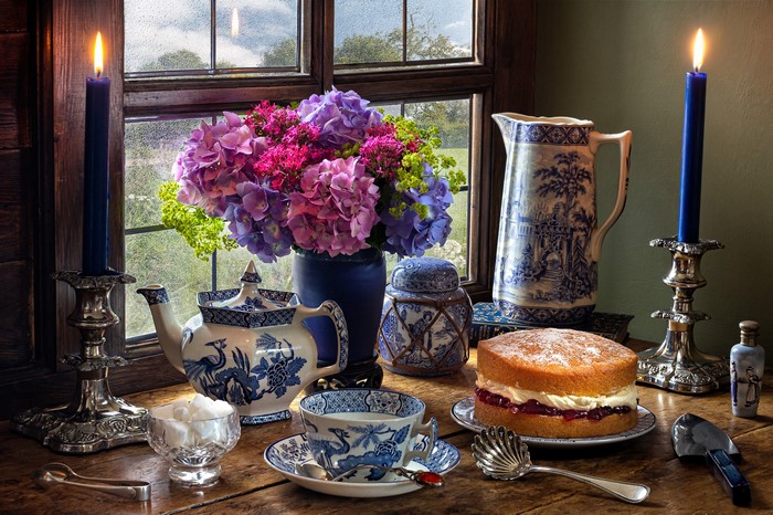 Still-life with Hydrangeas, Cake, and Tea Set