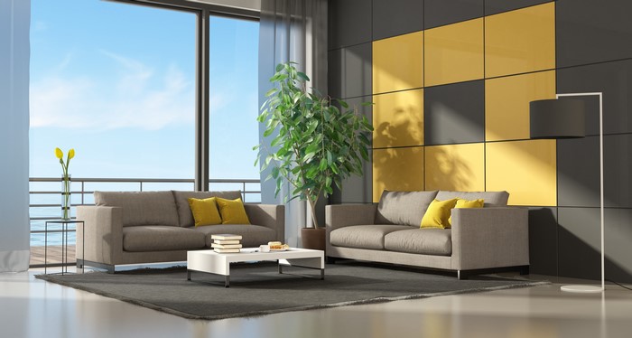 Modern living room with sofas and large window