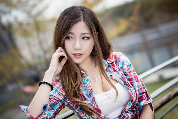 4K Asian Woman in Plaid Shirt with Bokeh