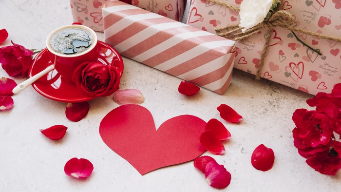 Valentine's Day Coffee with Roses and Gifts