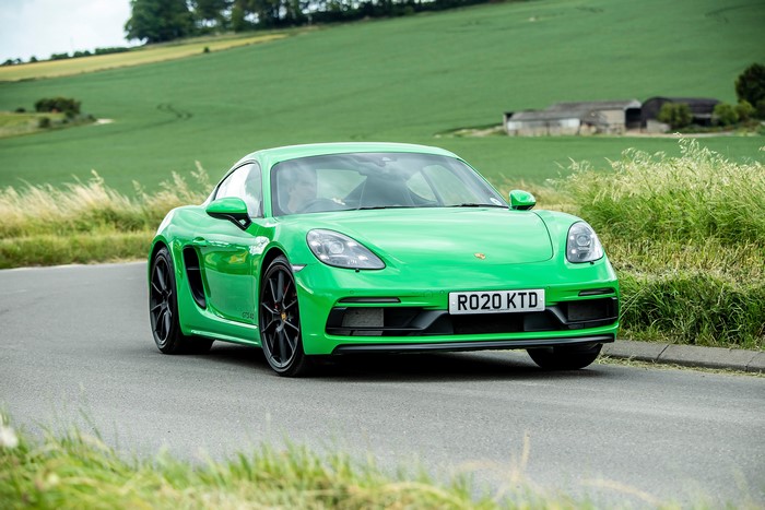 Green Porsche 718 Cayman GTS 4.0 on UK Road