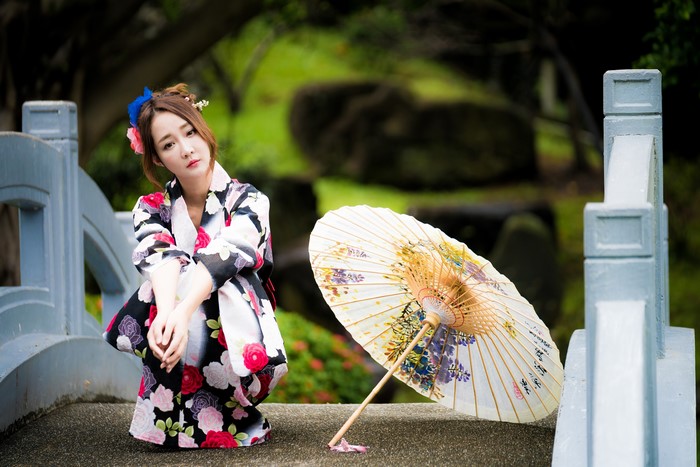 Woman in Kimono with Umbrella on Bridge