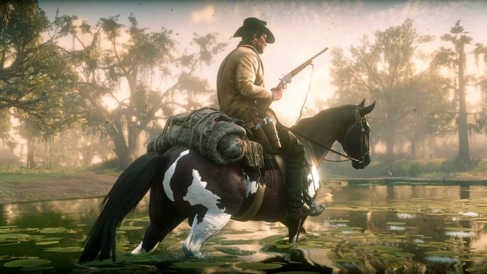 Man with shotgun on horse in swamp, Red Dead Redemption 2