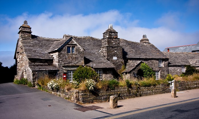 Old stone houses with slate roofs in Tintagel, England