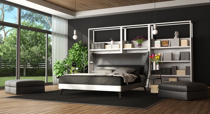 Modern Bedroom with Large Window and Bookshelf