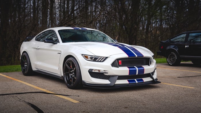 White Ford Mustang Shelby GT350 with Blue Stripes