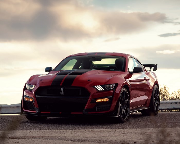 Red Ford Mustang Shelby GT500 with Black Stripes