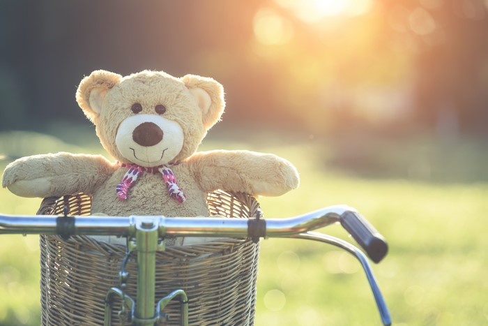 Teddy bear in a wicker basket on a bicycle