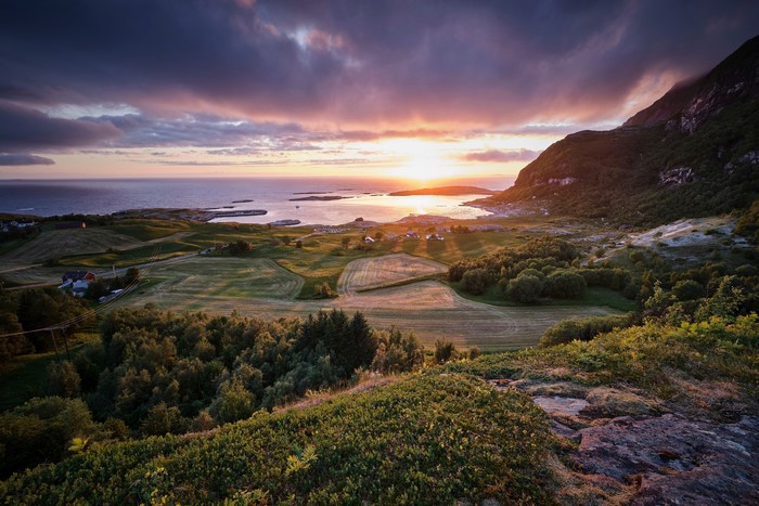Sunset over Mjelle coast in Norway