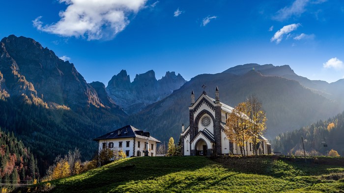 4K Mountains Church Falcade Italy Alps
