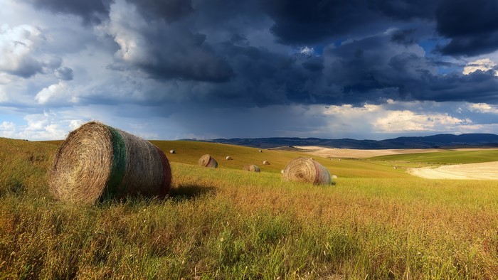 Hay bales in a field under thunderclouds