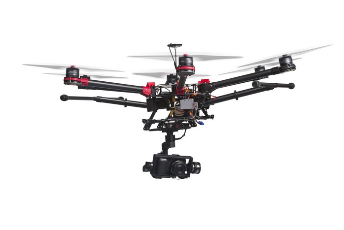 Hexacopter drone with camera on white background