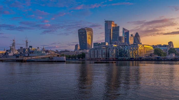 London Skyline with HMS Belfast at Sunrise