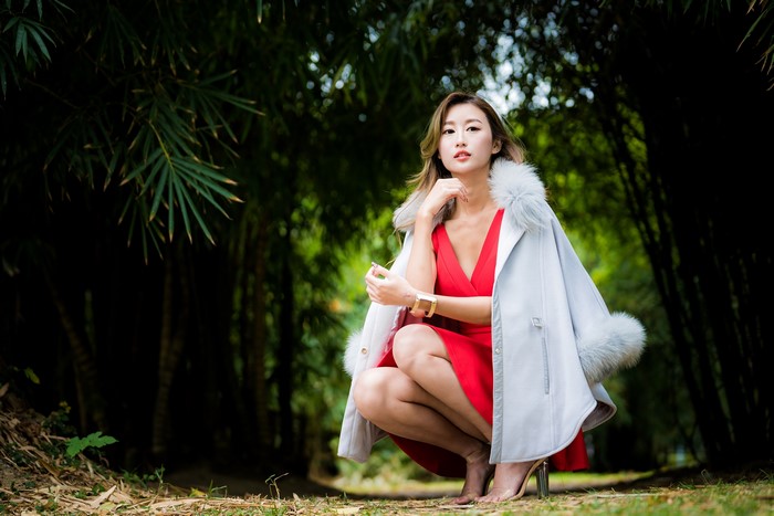 4K Asian Woman in Red Dress with Coat