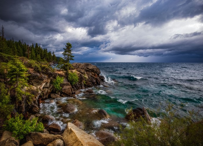 Lake Tahoe with Stormy Skies and Rocky Shoreline