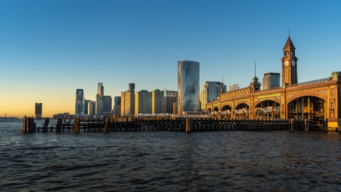 Hoboken skyline and Lackawanna Terminal at sunset