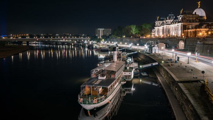 Riverboat on the Elbe River in Dresden at Night