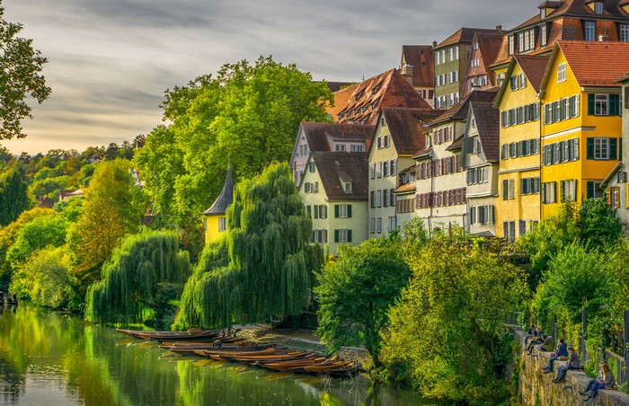 Tuebingen, Germany riverfront with colorful houses and boats