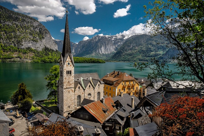 Hallstatt, Austria: Church Tower and Lake with Mountains