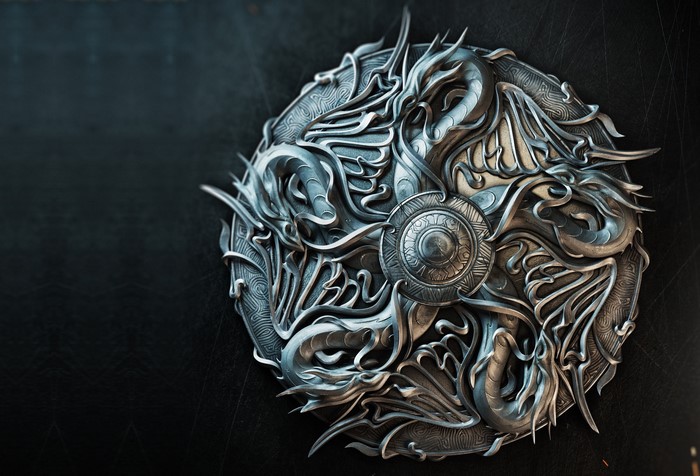 Metal shield with dragons illustration by Sasha Vinogradova